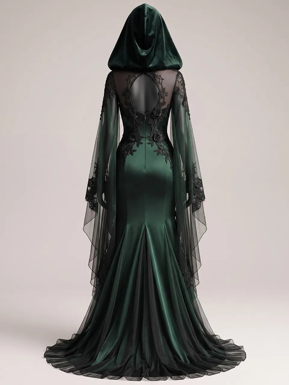 Womens Sheer Mesh Panel Sweetheart Neck Hooded Embroidered Flowy Cape Sleeve Mermaid Train Maxi Gown