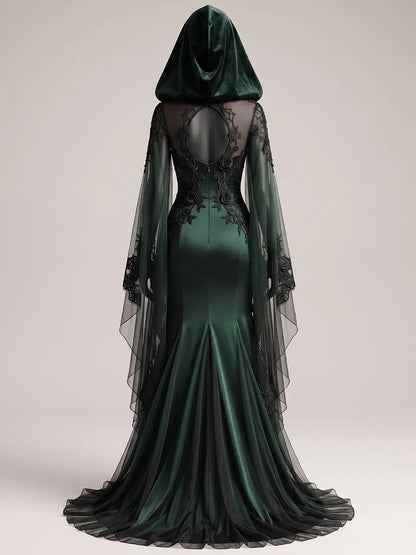 Womens Sheer Mesh Panel Sweetheart Neck Hooded Embroidered Flowy Cape Sleeve Mermaid Train Maxi Gown