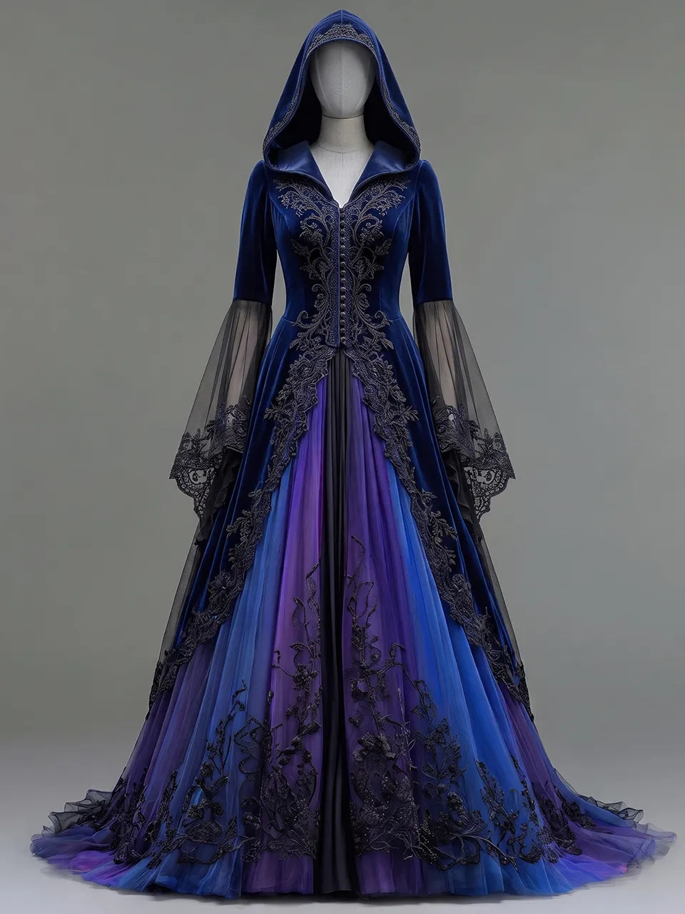 Womens Hooded V Neck Velvet Button Decor Embroidered Lace Spliced Sheer Flare Sleeve Tulle Train Long Gown