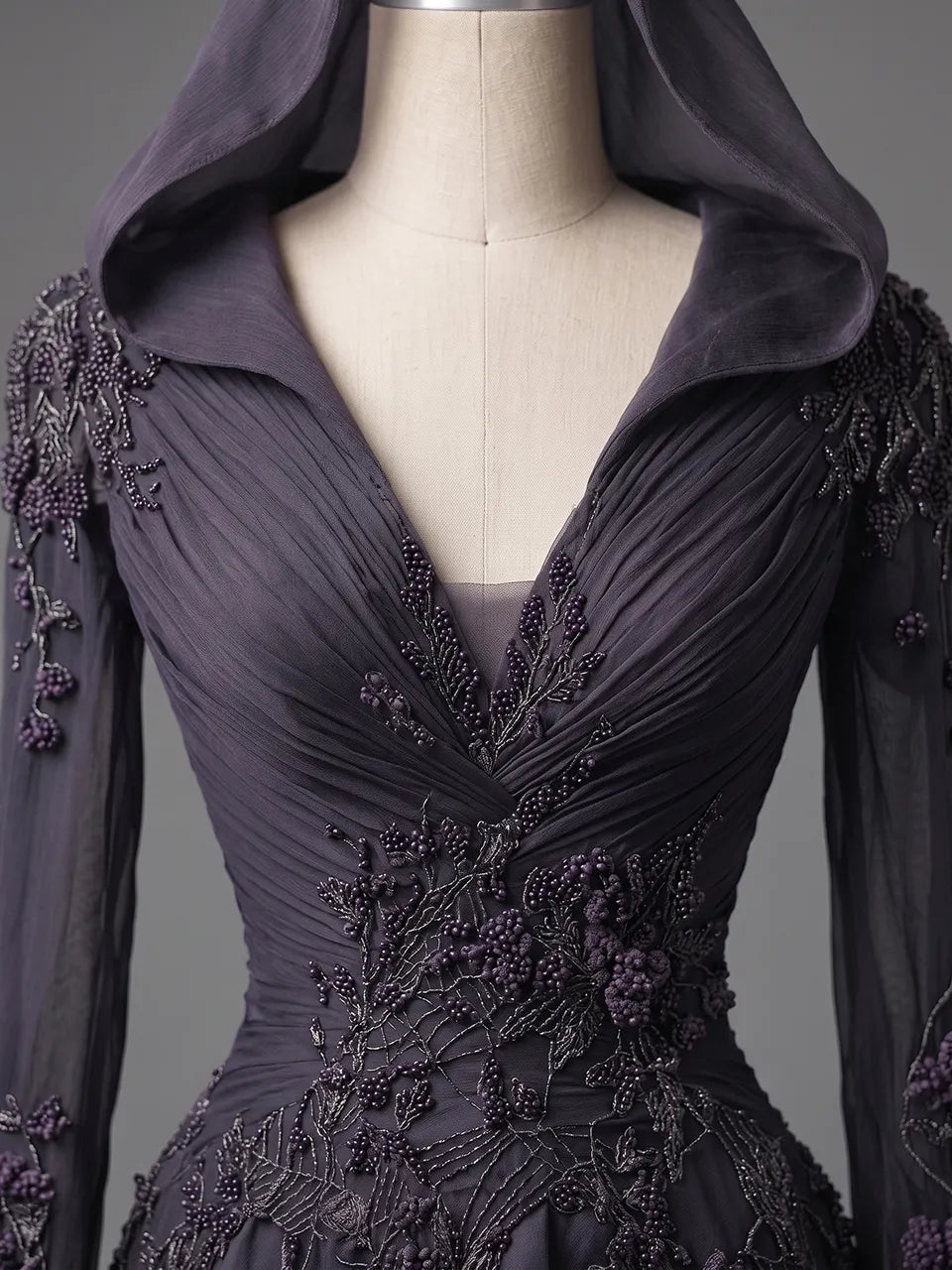 Womens Hooded Deep V Neck Ruched Embroidered Spliced Sheer Long Sleeve Irregular Ruffle Tulle Train Long Gown