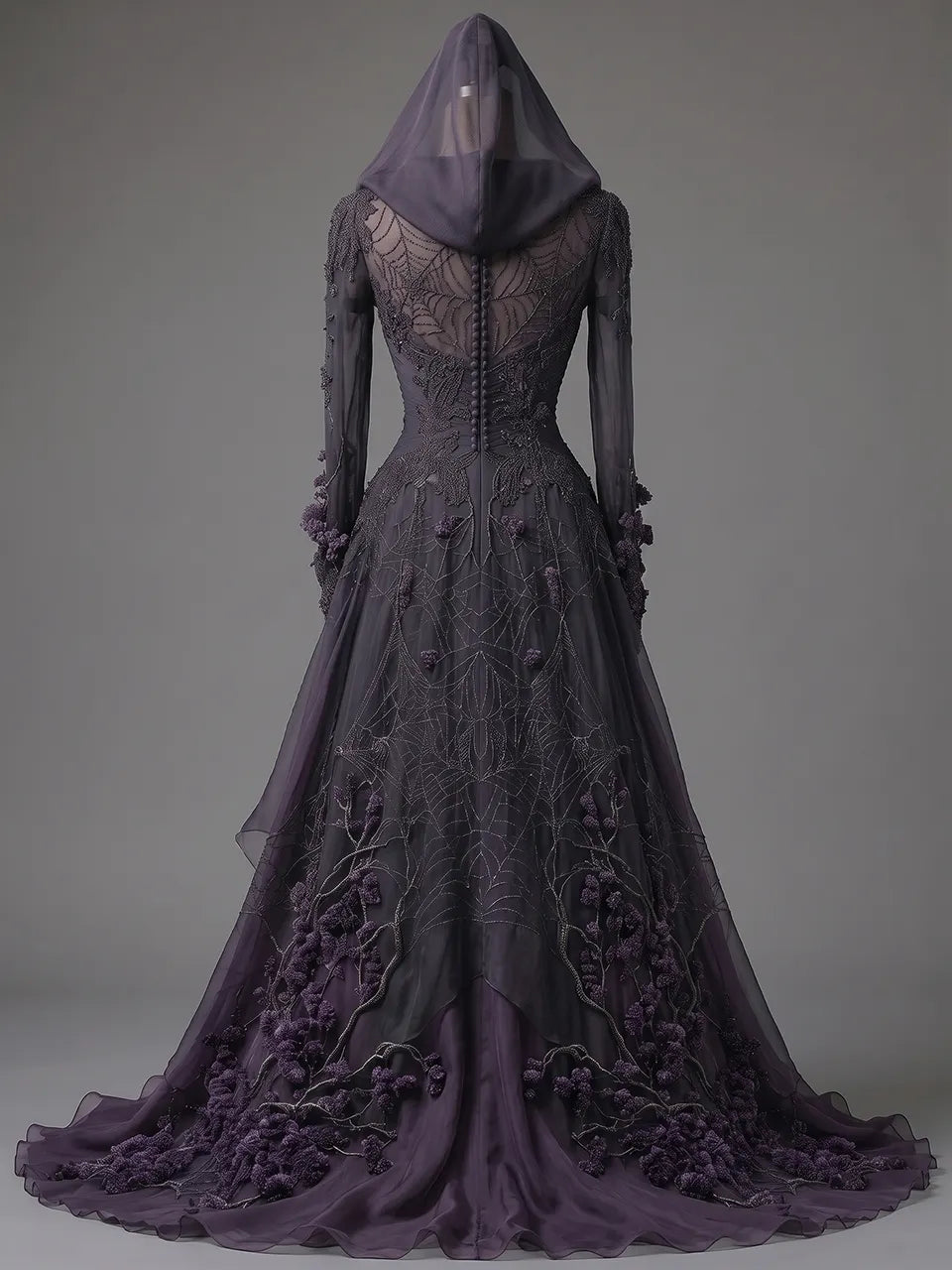 Womens Hooded Deep V Neck Ruched Embroidered Spliced Sheer Long Sleeve Irregular Ruffle Tulle Train Long Gown