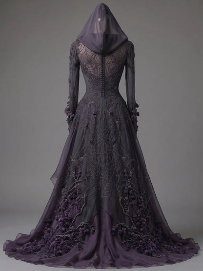Womens Hooded Deep V Neck Ruched Embroidered Spliced Sheer Long Sleeve Irregular Ruffle Tulle Train Long Gown