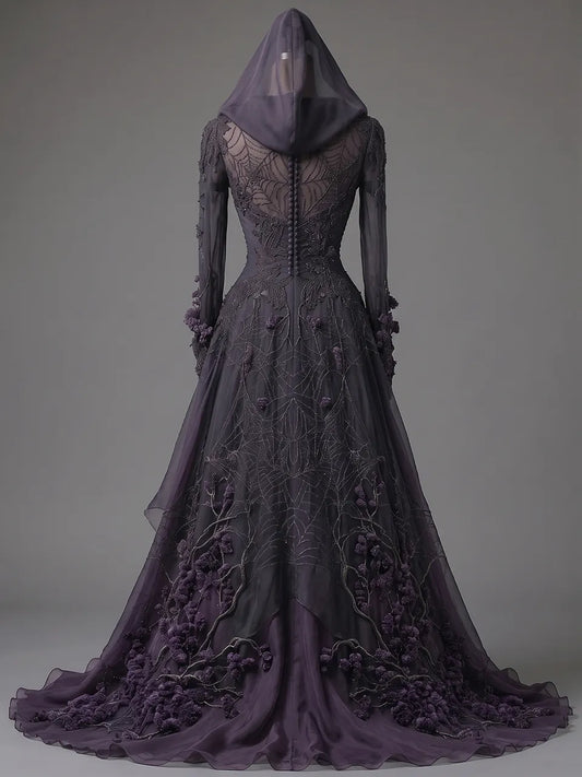 Womens Hooded Deep V Neck Ruched Embroidered Spliced Sheer Long Sleeve Irregular Ruffle Tulle Train Long Gown