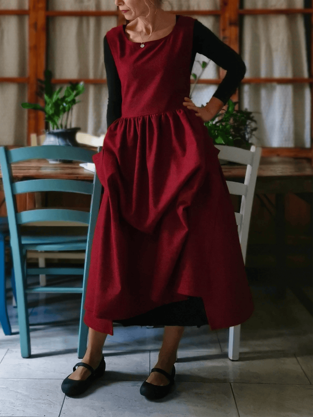 Vintage Burgundy Solid Long Apron & Dress (2-in-1)