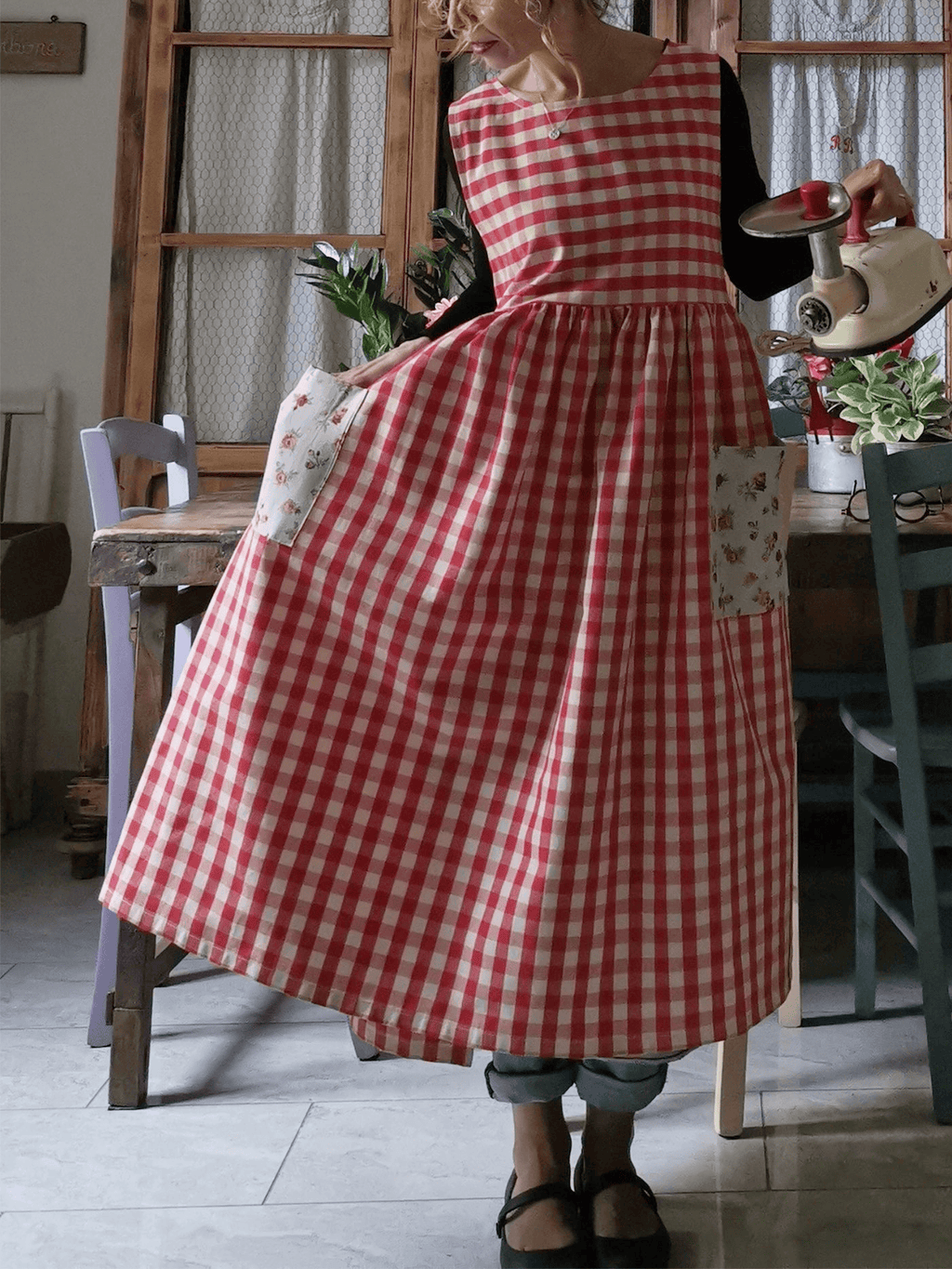Vintage Red & White Plaid Long Apron & Dress (2-in-1) with Floral Pockets