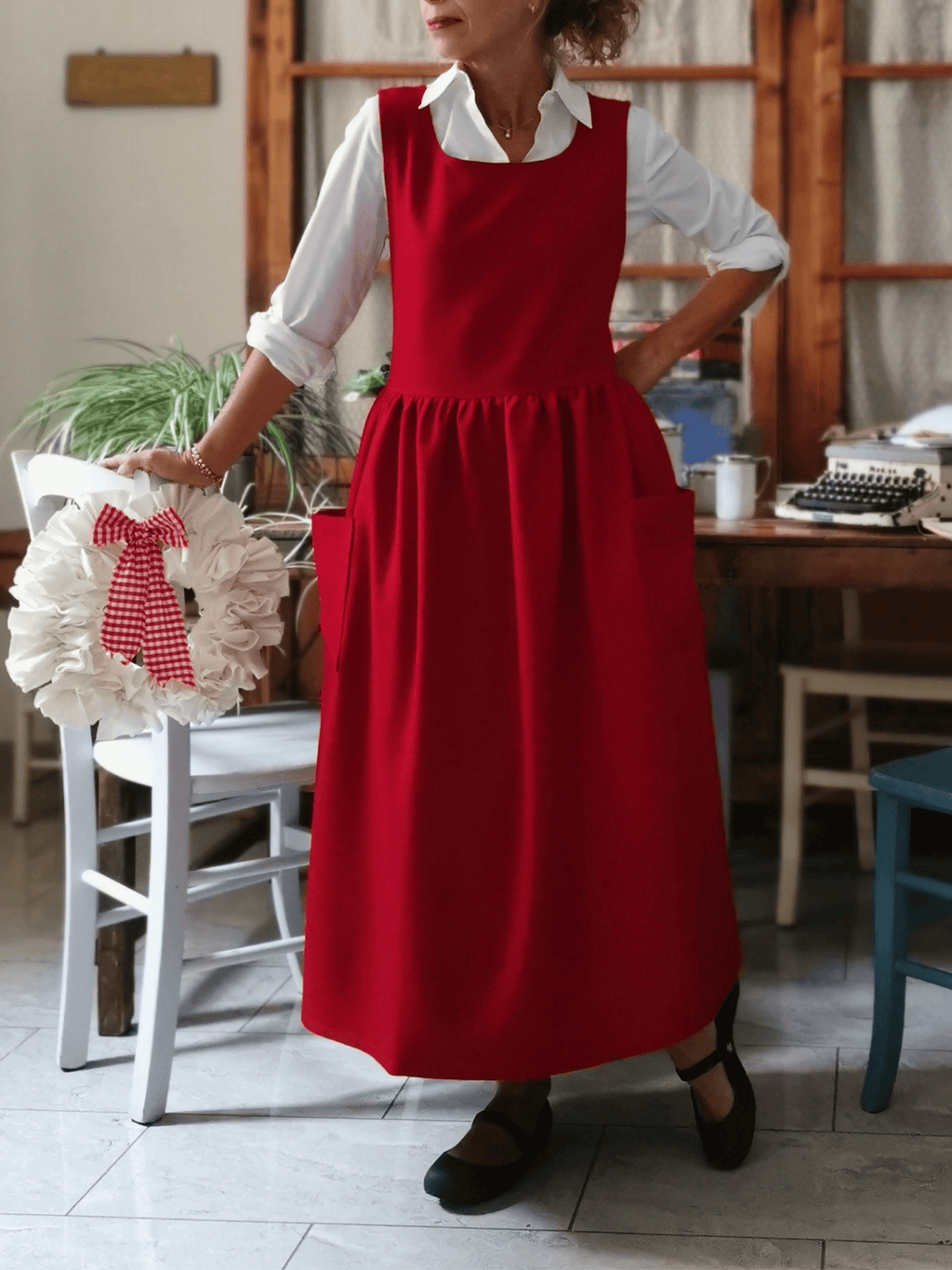 Vintage Red Apron & Dress (2-in-1) with Pockets