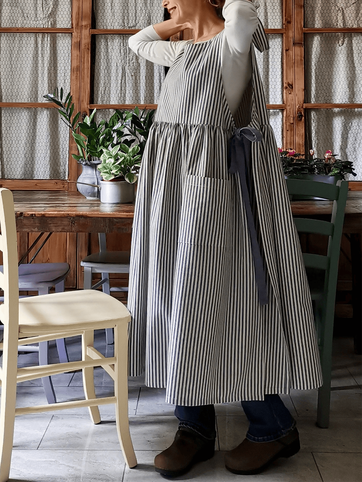 Vintage Dark Blue Thin Stripe Long Apron & Dress (2-in-1)