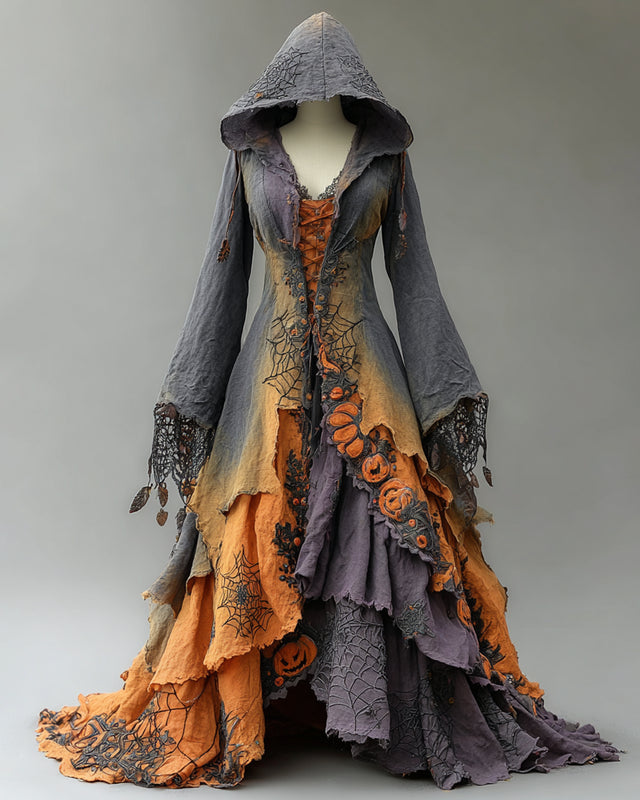 Giseabel Bohemian style Irregular Ruffle Pumpkin Spiderweb Embroidery Hooded Evening Dress 5bc6