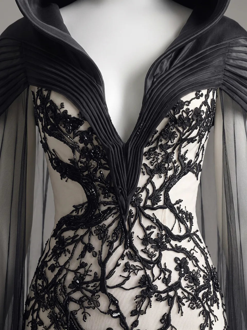 Womens Hooded V Neck Fitted Embroidered Sheer Train Tulle Cape Mermaid Long Gown