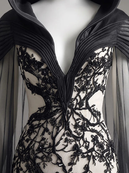 Womens Hooded V Neck Fitted Embroidered Sheer Train Tulle Cape Mermaid Long Gown