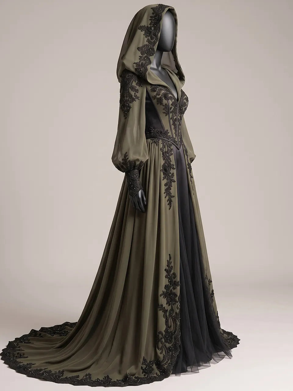 Womens Hooded V Neck Fitted Waist Lantern Long Sleeve Embroidered Train Maxi Gown