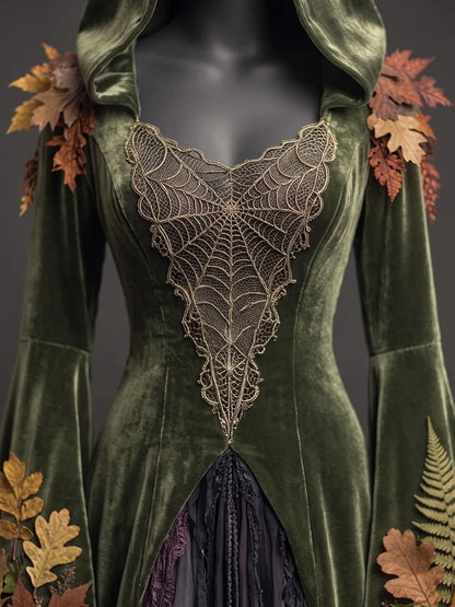 Womens Hooded Heart Neck Velvet Embroidered Flare Sleeve Irregular Lace Layered Tulle Floor Trailing Long Gown Dress