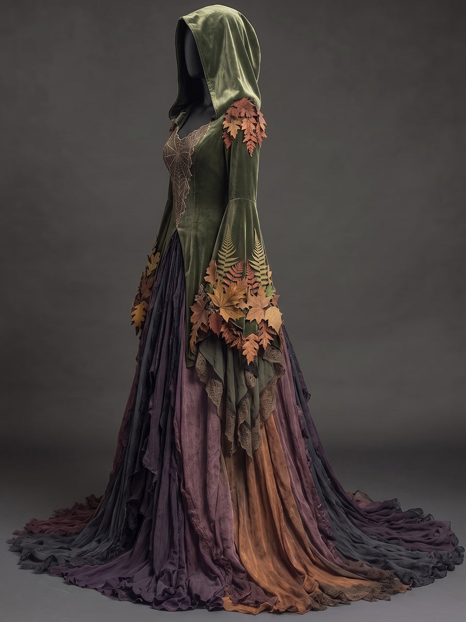 Womens Hooded Heart Neck Velvet Embroidered Flare Sleeve Irregular Lace Layered Tulle Floor Trailing Long Gown Dress