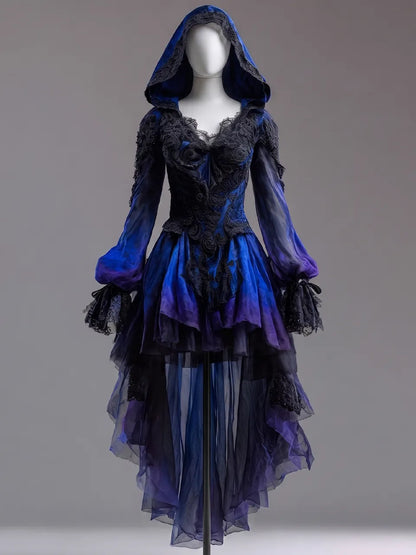 Womens Hooded V Neck Lace Spliced Lantern Sleeve Tie Up Multi Layer Irregular Tulle High Low Dress