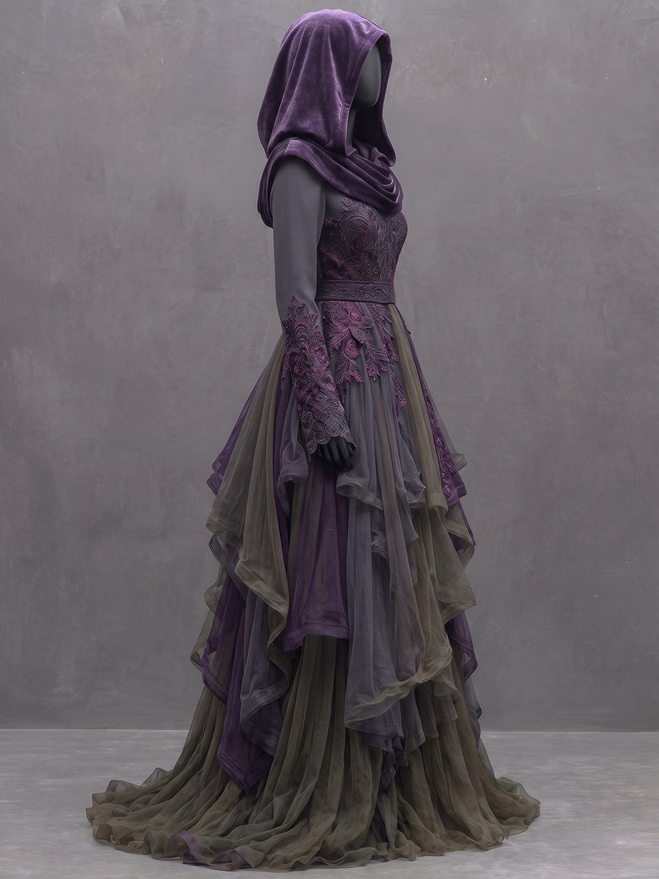 Womens Hooded Waist Cinching Embroidered Spliced Long Sleeve Irregular Tiered Tulle Long Gown