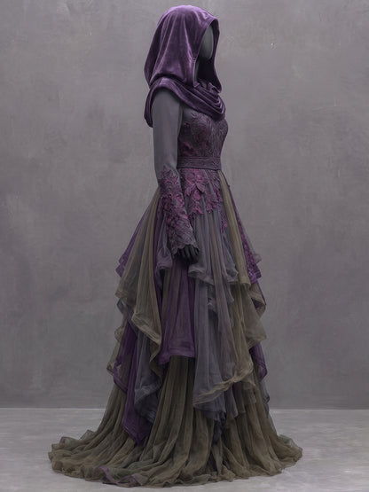 Womens Hooded Waist Cinching Embroidered Spliced Long Sleeve Irregular Tiered Tulle Long Gown