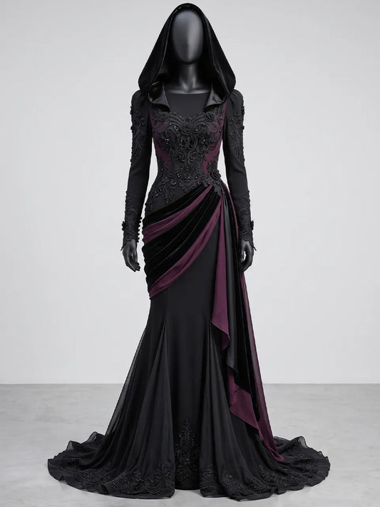 Womens Round Neck Sheer Panel Embroidered Hooded Draped Ruched Mermaid Train Maxi Gown