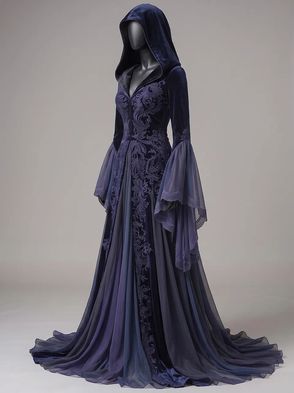 Womens V-neck Hooded Flare Sleeve Vine Embroidered Velvet Spliced Tulle Flowy Maxi Gown