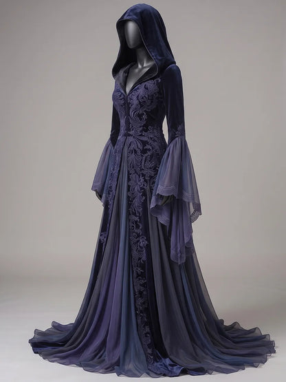 Womens V-neck Hooded Flare Sleeve Vine Embroidered Velvet Spliced Tulle Flowy Maxi Gown