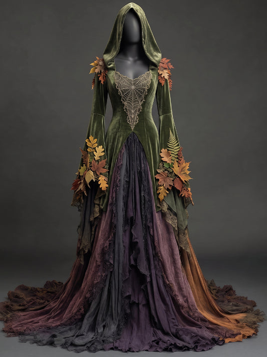 Womens Hooded Heart Neck Velvet Embroidered Flare Sleeve Irregular Lace Layered Tulle Floor Trailing Long Gown Dress