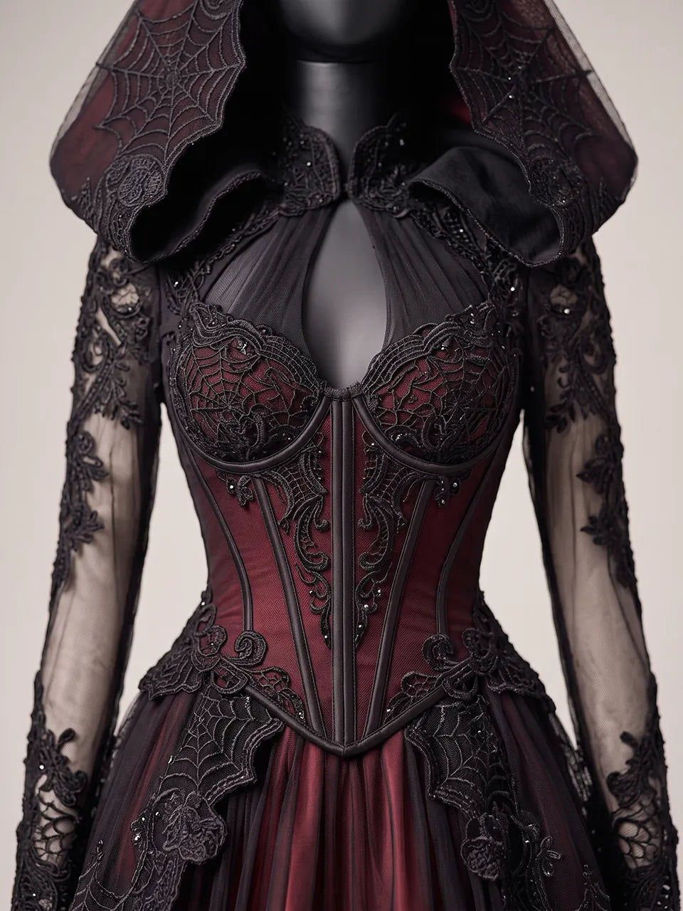 Womens Stand Collar Cut Out Keyhole Corset Mesh Long Sleeve Hooded Lace Embroidered Train Maxi Gown