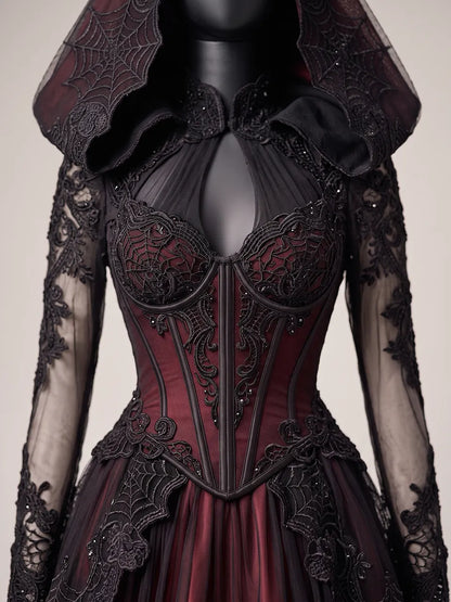 Womens Stand Collar Cut Out Keyhole Corset Mesh Long Sleeve Hooded Lace Embroidered Train Maxi Gown