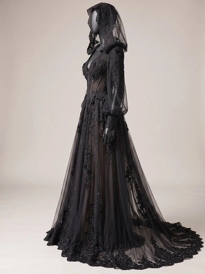 Womens V Neck Sheer Corset Hooded Tulle Embroidered Train Maxi Gown