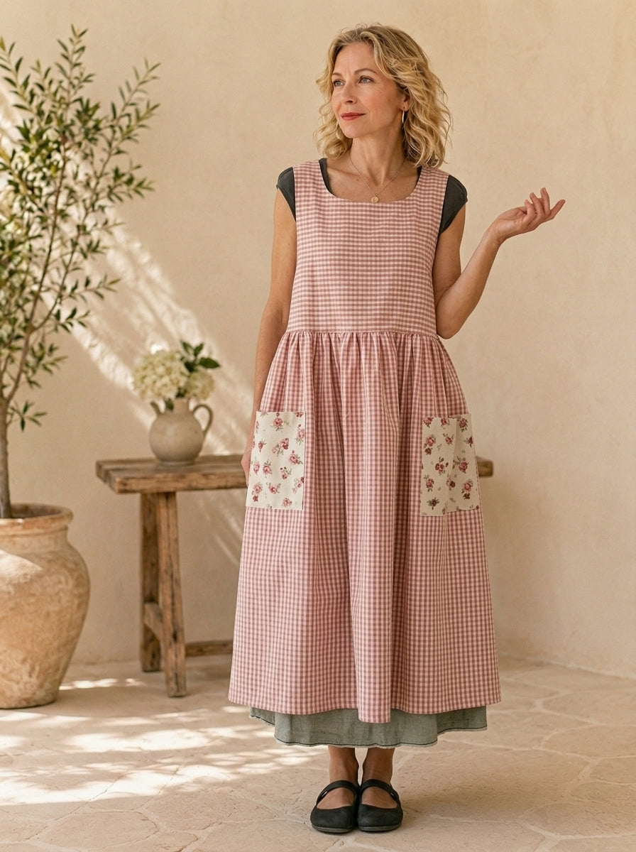 Blush Gingham Cotton Pinafore Apron
