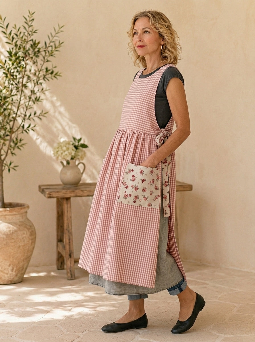 Blush Gingham Cotton Pinafore Apron