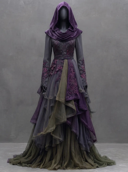 Womens Hooded Waist Cinching Embroidered Spliced Long Sleeve Irregular Tiered Tulle Long Gown