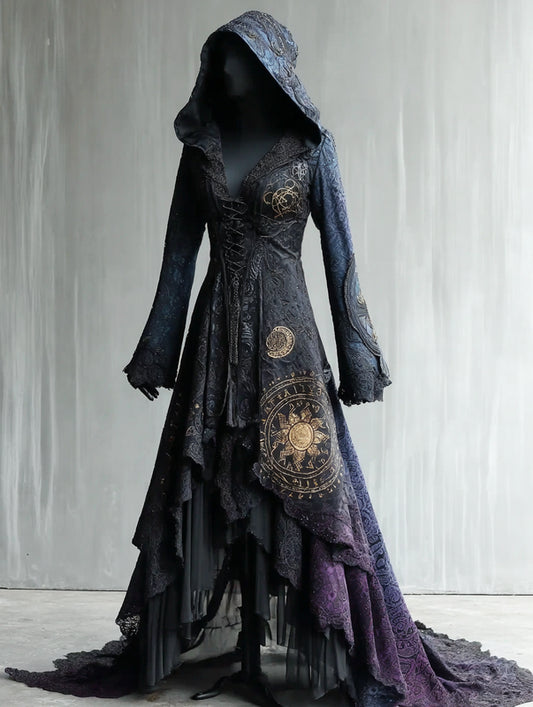 Boho Witch Gradient Magic Circle Embroidered Hooded Evening Dress ebaa
