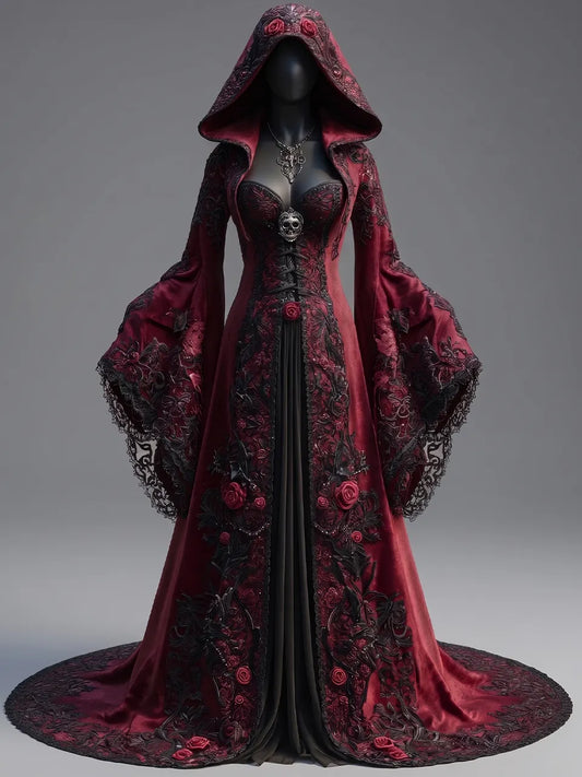 Womens Hooded Flare Sleeve Rose Embroidered Lace Trim Lace Up Split Train Long Gown
