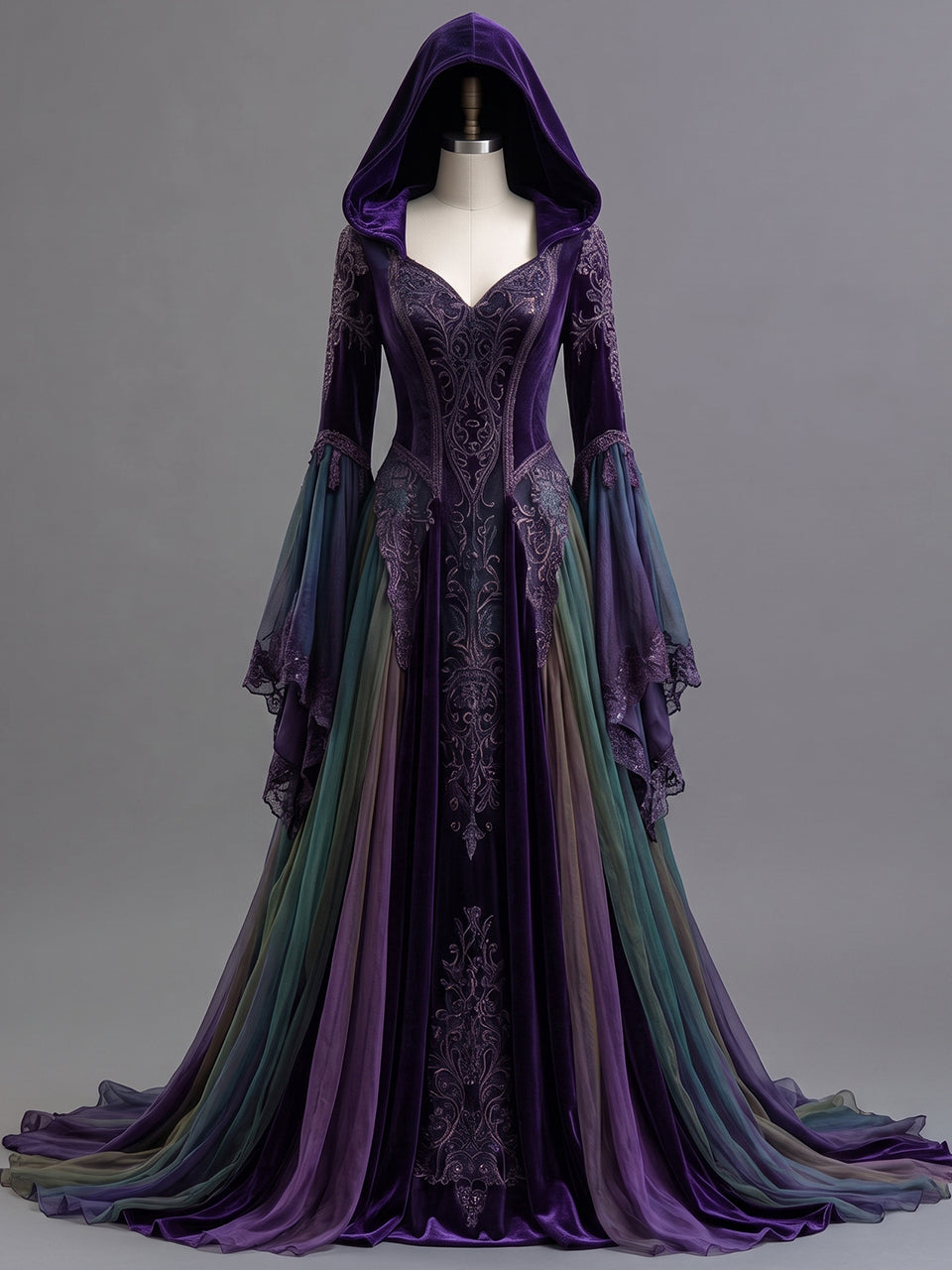 Womens Hooded V Neck Velvet Embroidered Spliced Sheer Flare Sleeve Layered Tulle Train Long Gown