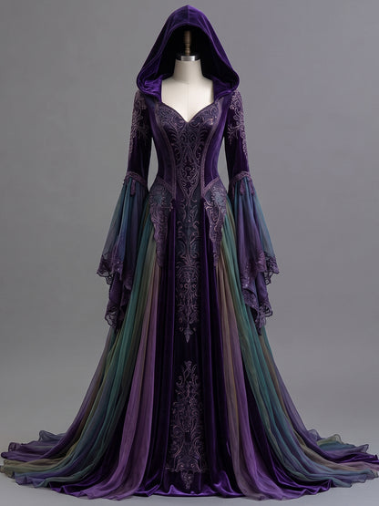 Womens Hooded V Neck Velvet Embroidered Spliced Sheer Flare Sleeve Layered Tulle Train Long Gown