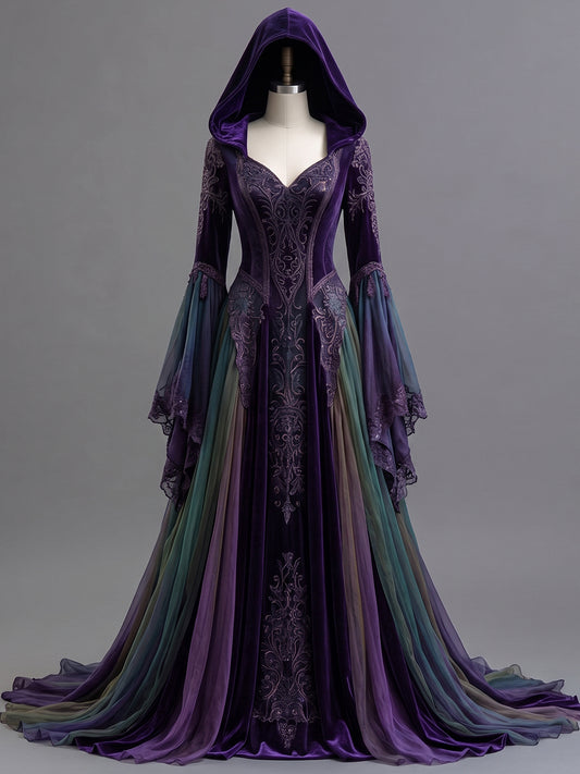 Womens Hooded V Neck Velvet Embroidered Spliced Sheer Flare Sleeve Layered Tulle Train Long Gown