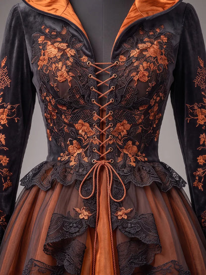 Womens Hooded V Neck Velvet Embroidered Lace Up Waist Flare Sleeve Lace Layered Tulle Short Dress