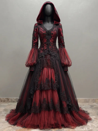 Womens Hooded V-neck Spliced Lace Puff Sleeve Tiered Tulle Long Gown