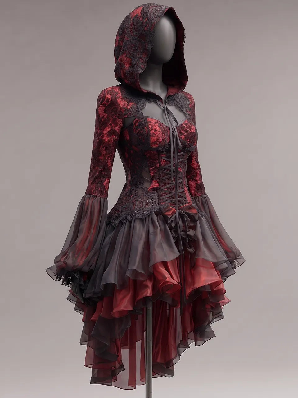 Womens Hooded Sweetheart Neck Lace Up Corset Lace Spliced Flare Sleeve Multi Layer Irregular Tulle Short Gown