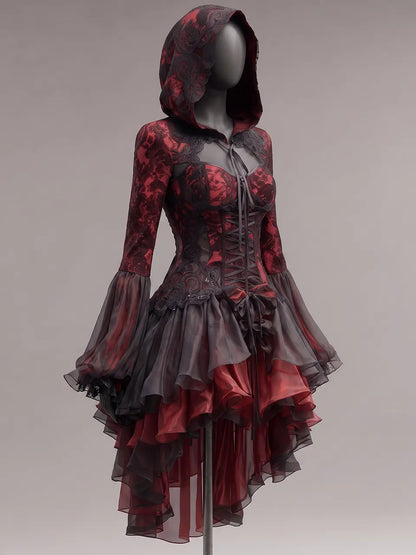 Womens Hooded Sweetheart Neck Lace Up Corset Lace Spliced Flare Sleeve Multi Layer Irregular Tulle Short Gown