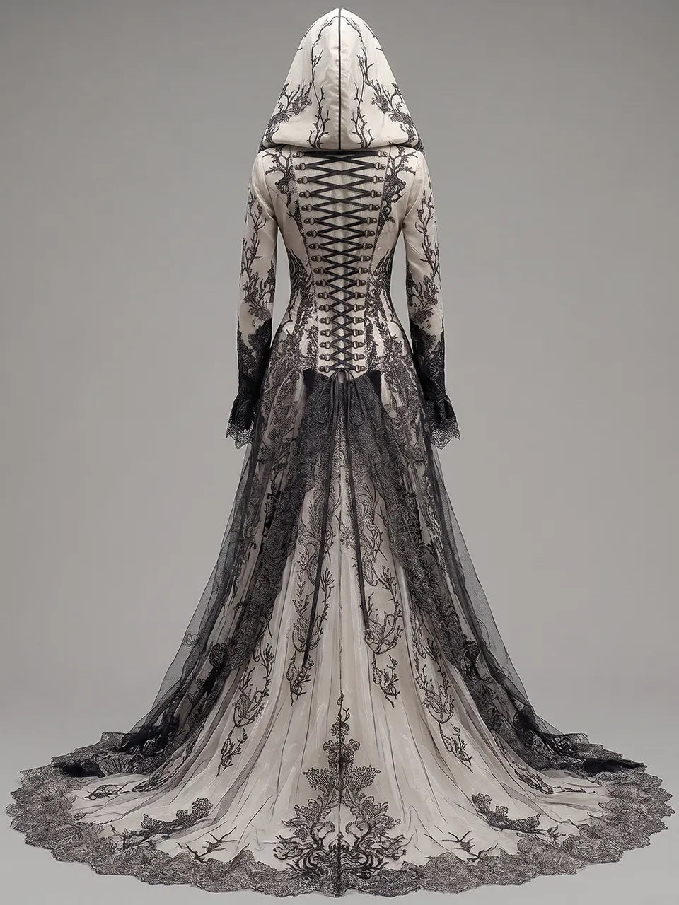 Womens Hooded V Neck Button Decor Embroidered Lace Spliced Flare Sleeve Layered Tulle Train Long Gown