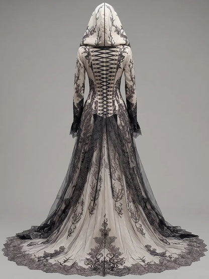 Womens Hooded V Neck Button Decor Embroidered Lace Spliced Flare Sleeve Layered Tulle Train Long Gown