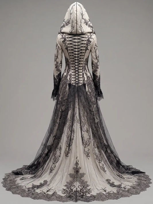 Womens Hooded V Neck Button Decor Embroidered Lace Spliced Flare Sleeve Layered Tulle Train Long Gown