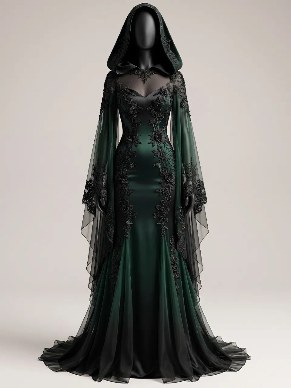 Womens Sheer Mesh Panel Sweetheart Neck Hooded Embroidered Flowy Cape Sleeve Mermaid Train Maxi Gown