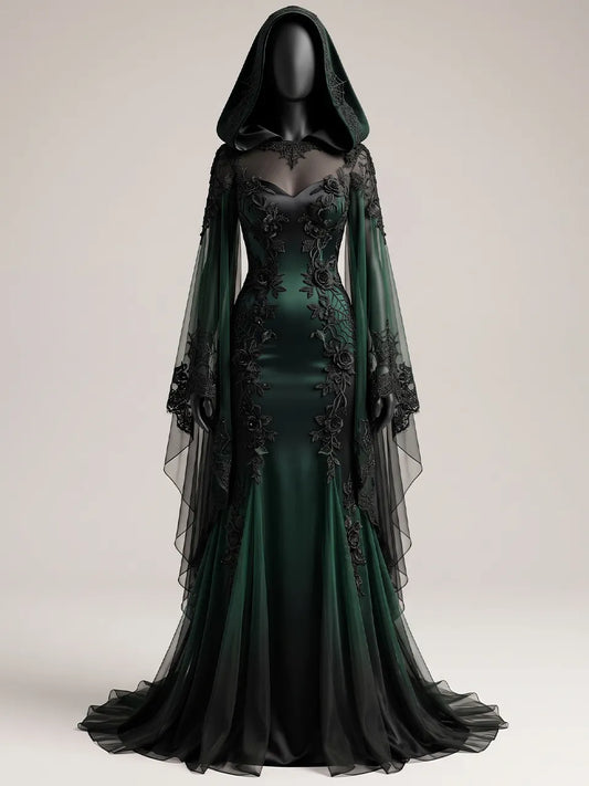 Womens Sheer Mesh Panel Sweetheart Neck Hooded Embroidered Flowy Cape Sleeve Mermaid Train Maxi Gown