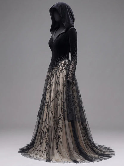 Womens Hooded V Neck Velvet Spliced Embroidered Sheer Long Sleeve Layered Tulle Floor Length Long Gown