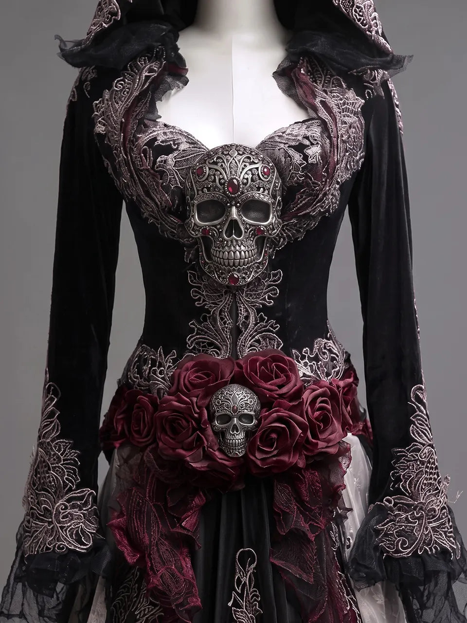 Womens Hooded Sweetheart Neck Velvet Embroidered Mesh Spliced Flare Sleeve Irregular Train Long Gown Dress