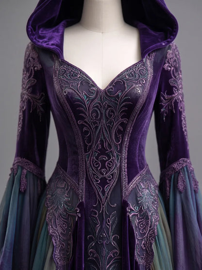 Womens Hooded V Neck Velvet Embroidered Spliced Sheer Flare Sleeve Layered Tulle Train Long Gown