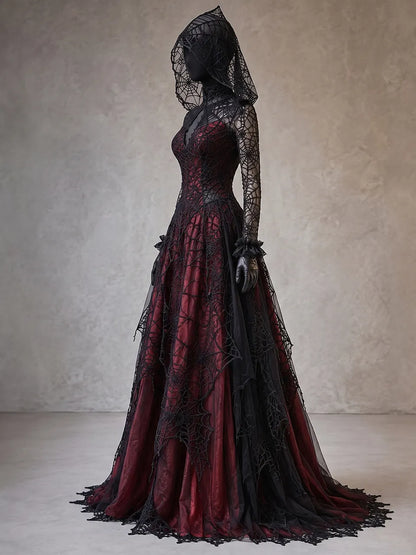 Womens High Neck Keyhole Cut Out Spiderweb Lace Hooded Long Sleeve Irregular Hem Train Maxi Gown