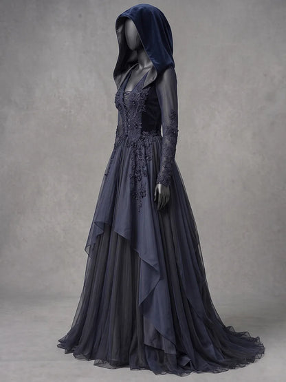 Womens V-neck Hooded Long Sleeve Lace Up 3D Floral Layered Tulle Flowy Maxi Gown