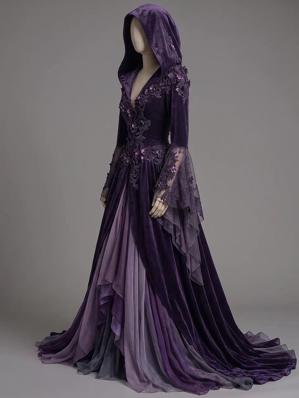 Womens Hooded V Neck Velvet Three Dimensional Embroidered Spliced Sheer Flare Sleeve Irregular Layered Tulle Train Long Gown